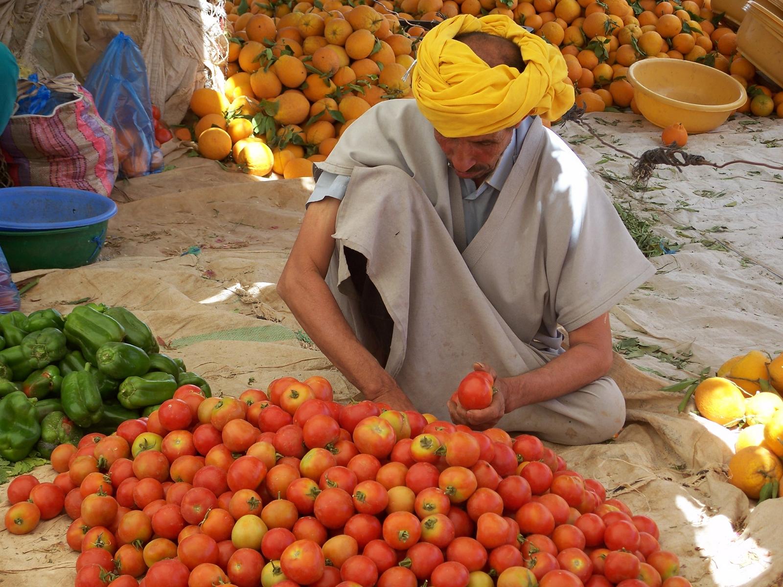 Marktstand mit frischen Tomaten, Orangen und Paprika - Lupe Reisen